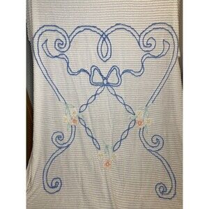 Vtg Twin White Chenille Bedspread 90x100" Floral Stripe Cottage Core Fairy